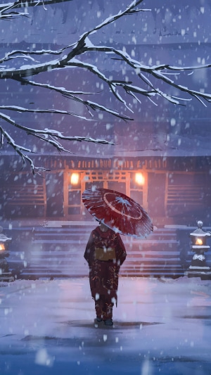 Anime girl in kimono with umbrella in snow