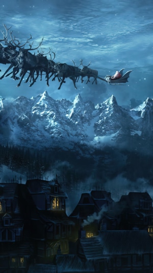 Santa Claus and reindeer flying over mountains and village