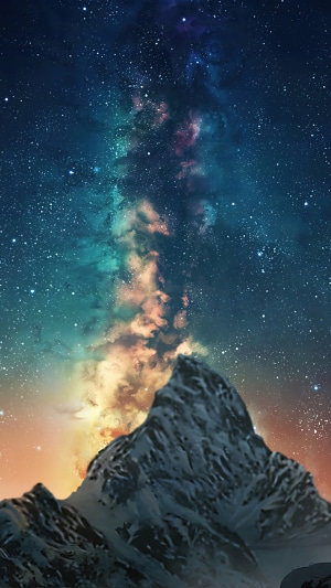 Snowy mountain peak under a starry nebula sky