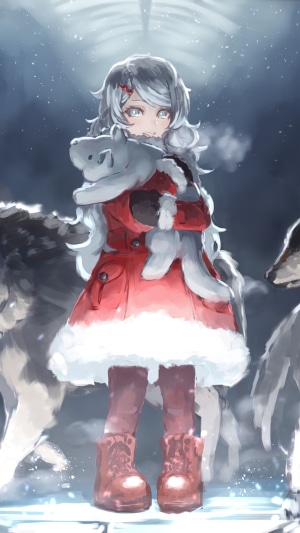 Anime girl in red coat holding stuffed animal with wolves