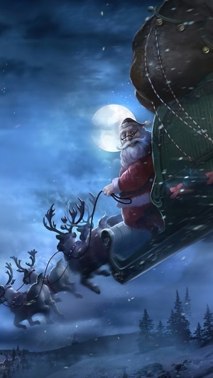 Santa Claus riding a sleigh pulled by reindeer