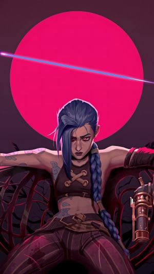 Jinx from Arcane with a pink circle background