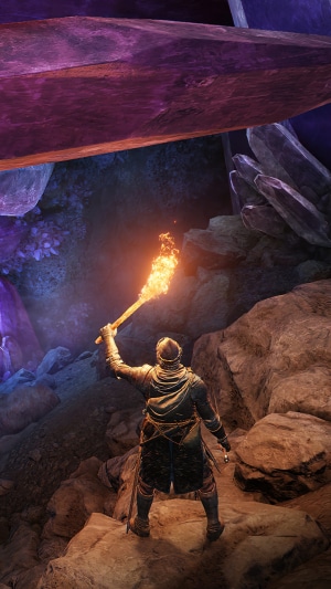 Elden Ring Dungeon with Crystals and Torch