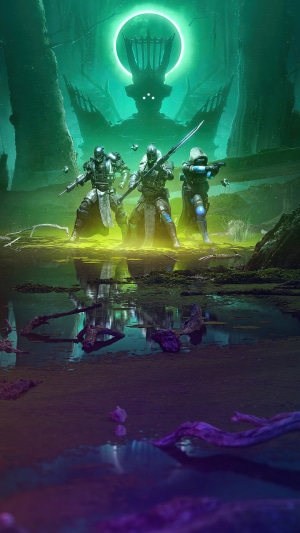 Guardians in a swampy area with a large structure in the background