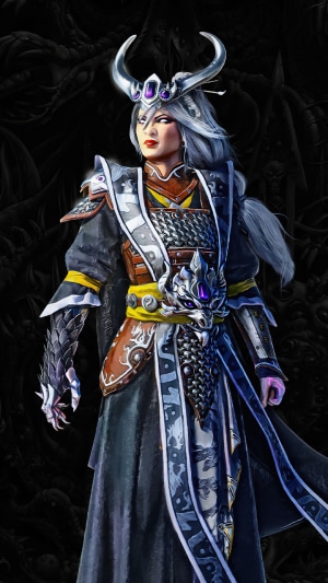 Female warrior with ornate armor and crown from Total War: Warhammer III