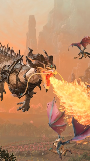 Dragon breathing fire on smaller dragons in Total War: Warhammer III