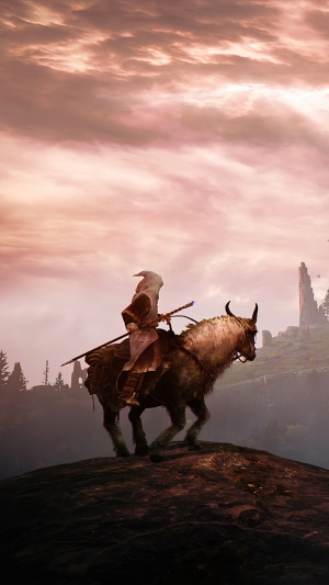 Elden Ring: Tarnished riding a Torrent through ruins