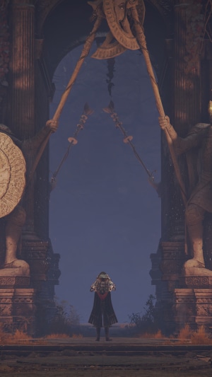 Elden Ring character in front of large statues