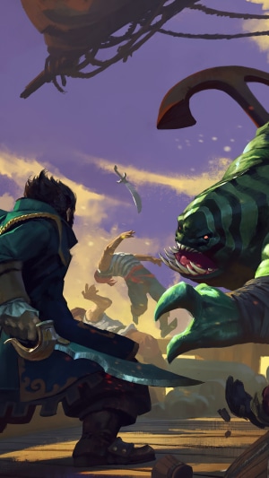 Kunkka from Dota 2 fighting a sea monster