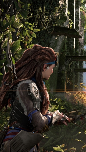 Aloy from Horizon Forbidden West aiming a bow