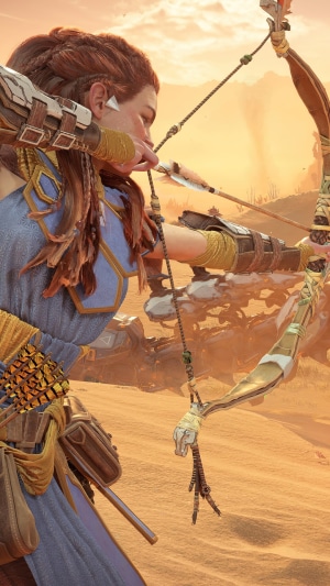 Aloy from Horizon Forbidden West aiming a bow