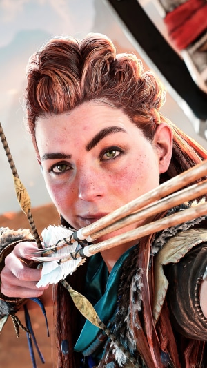 Aloy from Horizon Forbidden West aiming a bow