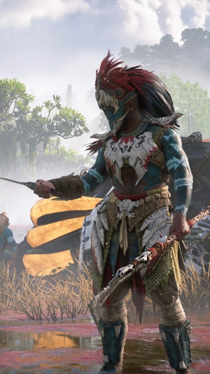Aloy from Horizon Forbidden West in tribal armor