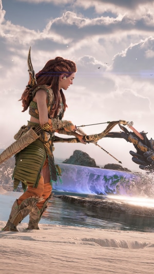 Aloy from Horizon Forbidden West on a beach