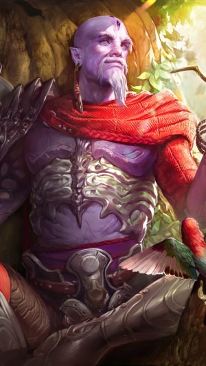 Purple-skinned warrior with ornate armor and red scarf