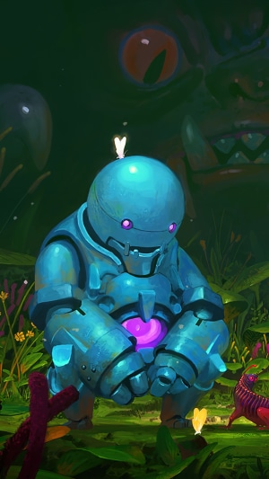 Robot with glowing heart in a forest