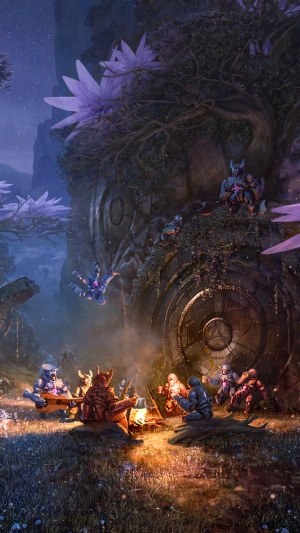 Overprime characters gathered around a campfire