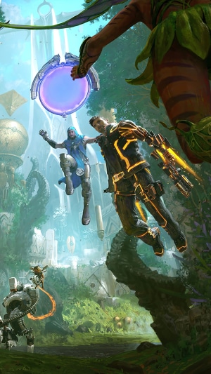 Characters jumping through a portal in Overprime