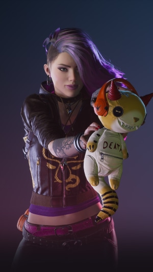 Character from Overprime holding a plush toy