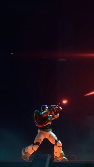Buzz Lightyear from Lightyear firing a weapon