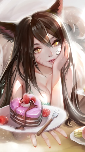Ahri from League of Legends with a heart-shaped cake
