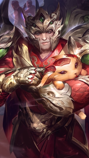 Jarvan IV from League of Legends holding a plush toy