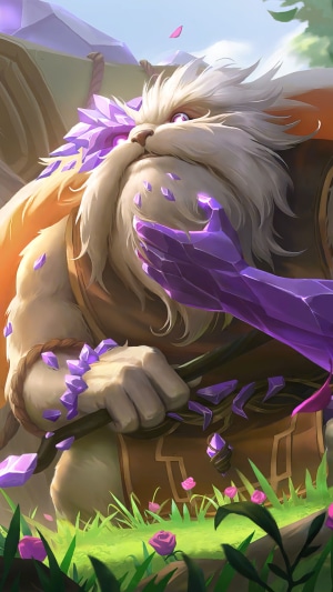 Gnar from Legends of Runeterra with purple crystals