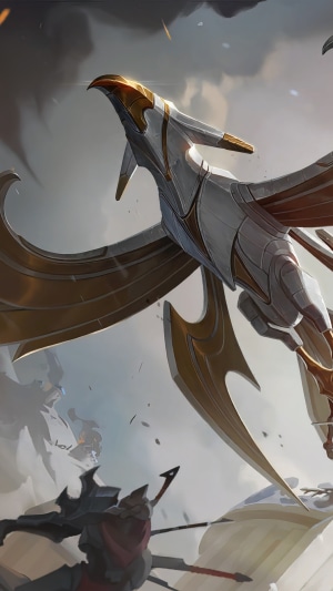 A Demacian bird-like creature flies over soldiers in Legends of Runeterra