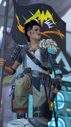Mad Maggie from Apex Legends holding a flag