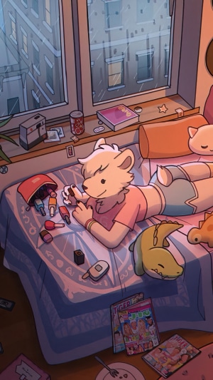 Anthropomorphic bear painting nails in a cozy bedroom