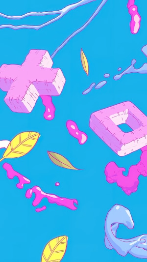 Abstract shapes and leaves on a blue background