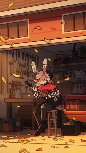 Anthropomorphic rabbit playing guitar in a garage