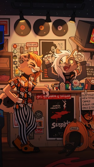 Anthropomorphic dog and cat in a record store