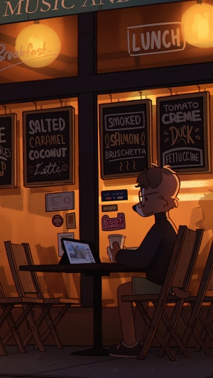 Anthropomorphic dog at a cafe table