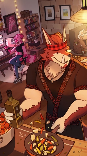 Anthropomorphic foxes cooking and working in a studio