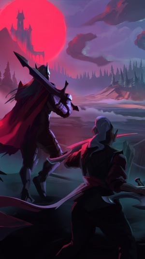 V Rising characters with swords under a red moon