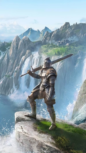 Knight with sword in front of waterfalls and mountains