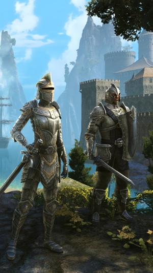 Two armored knights stand on a grassy hill overlooking a castle and a ship.