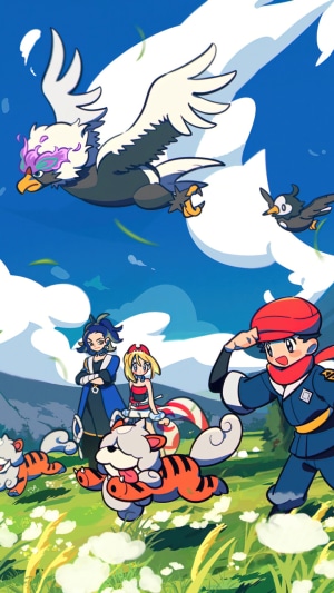 Pokemon Legends: Arceus characters with Hisuian Braviary and Growlithe
