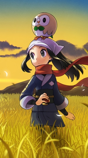 Akari and Rowlet from Pokemon Legends: Arceus