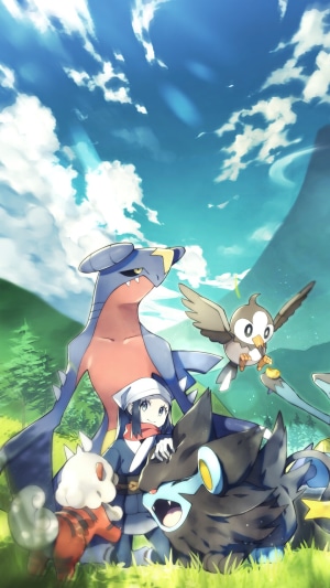Pokemon Legends: Arceus characters Akari, Growlithe, Starly, Luxray, and Garchomp