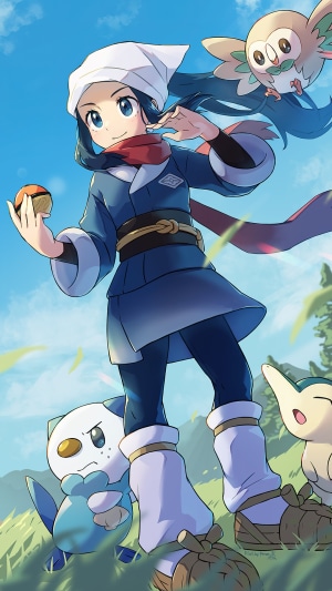 Akari from Pokemon Legends: Arceus with Rowlet, Oshawott, and Cyndaquil