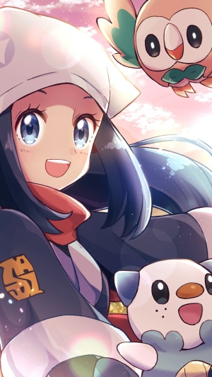 Akari and Pokemon Oshawott and Rowlet from Pokemon Legends: Arceus