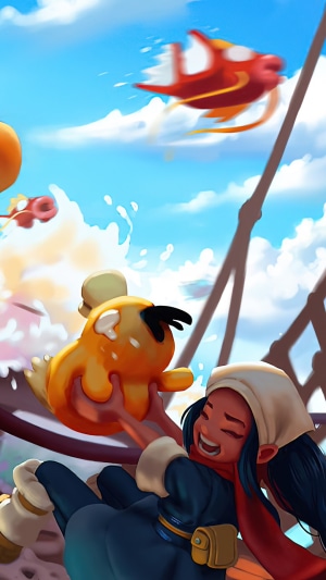 Akari from Pokemon Legends: Arceus with Psyduck and Magikarp