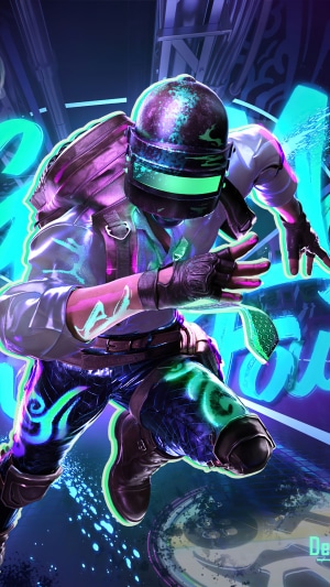 Character from PUBG Mobile with neon glow