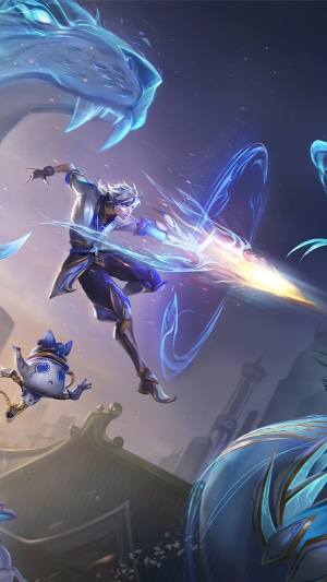 Ezreal from League of Legends fighting with ice dragons
