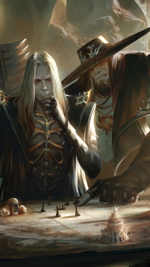 Mordekaiser and Karthus from League of Legends playing a board game