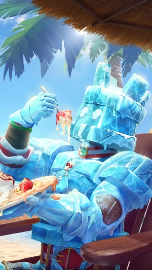 Ice Golem eating pizza on a beach