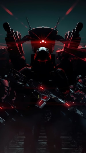 Robots and soldiers with glowing red eyes and weapons