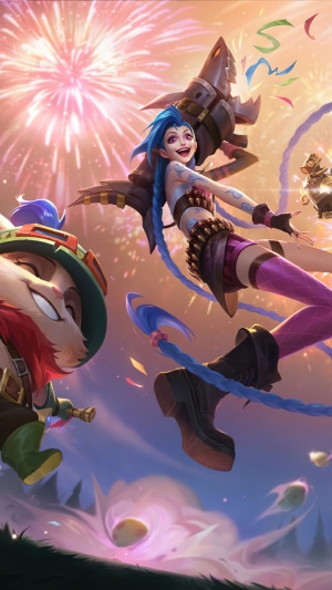 Jinx and Teemo from League of Legends celebrating New Year